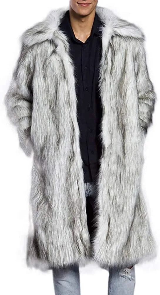 Faux Fur Coat Men Lapel Cardigan Outerwear Heavyweight Parka Overcoat Thicker Fluffy Warm Winter Long Trench Coat
