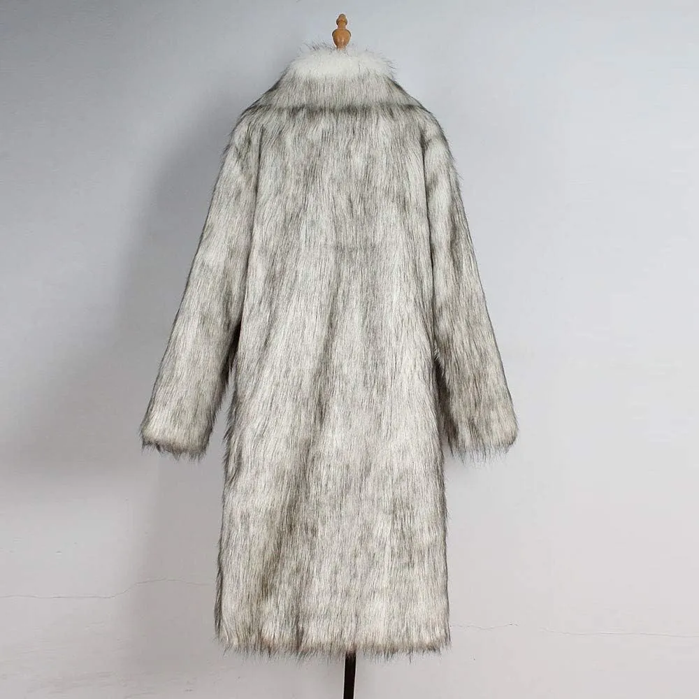 Faux Fur Coat Men Lapel Cardigan Outerwear Heavyweight Parka Overcoat Thicker Fluffy Warm Winter Long Trench Coat