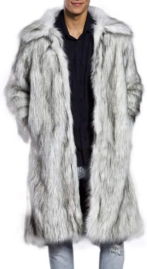 Faux Fur Coat Men Lapel Cardigan Outerwear Heavyweight Parka Overcoat Thicker Fluffy Warm Winter Long Trench Coat