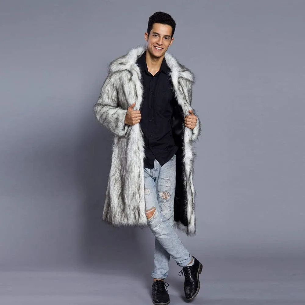 Faux Fur Coat Men Lapel Cardigan Outerwear Heavyweight Parka Overcoat Thicker Fluffy Warm Winter Long Trench Coat