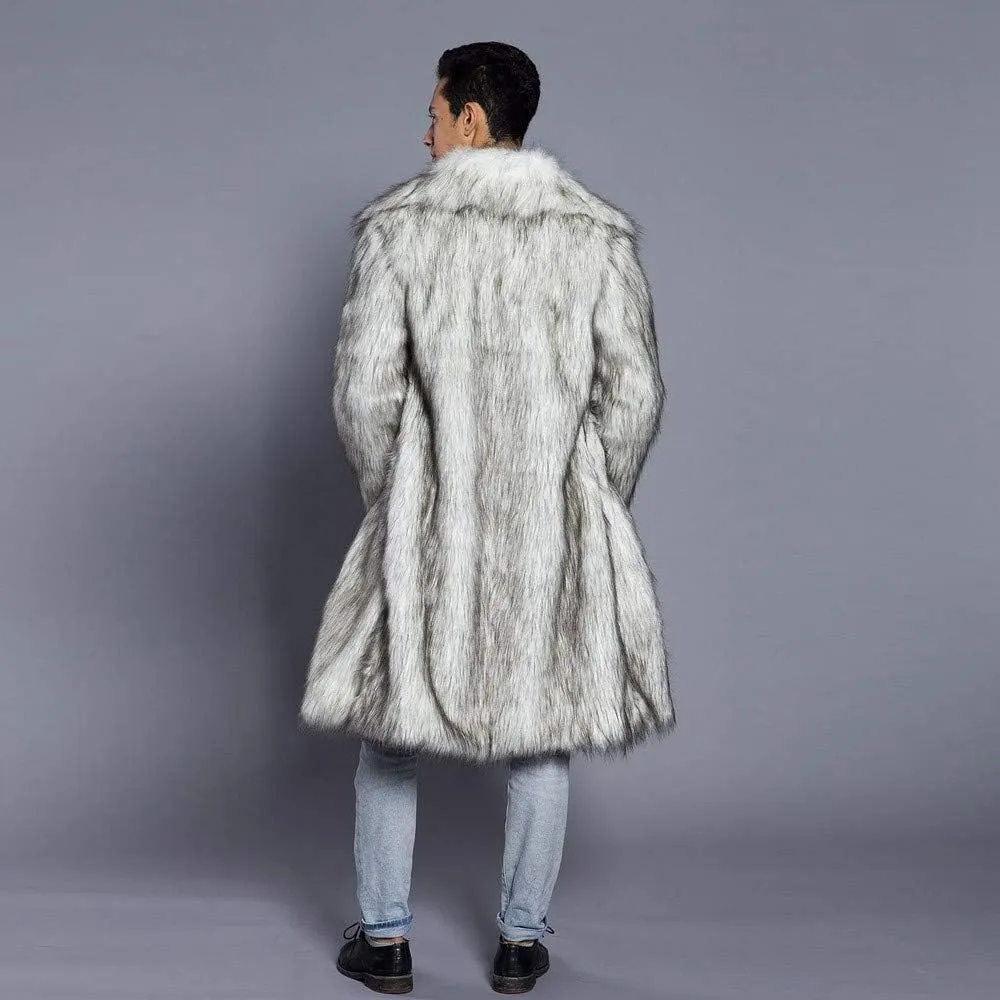 Faux Fur Coat Men Lapel Cardigan Outerwear Heavyweight Parka Overcoat Thicker Fluffy Warm Winter Long Trench Coat
