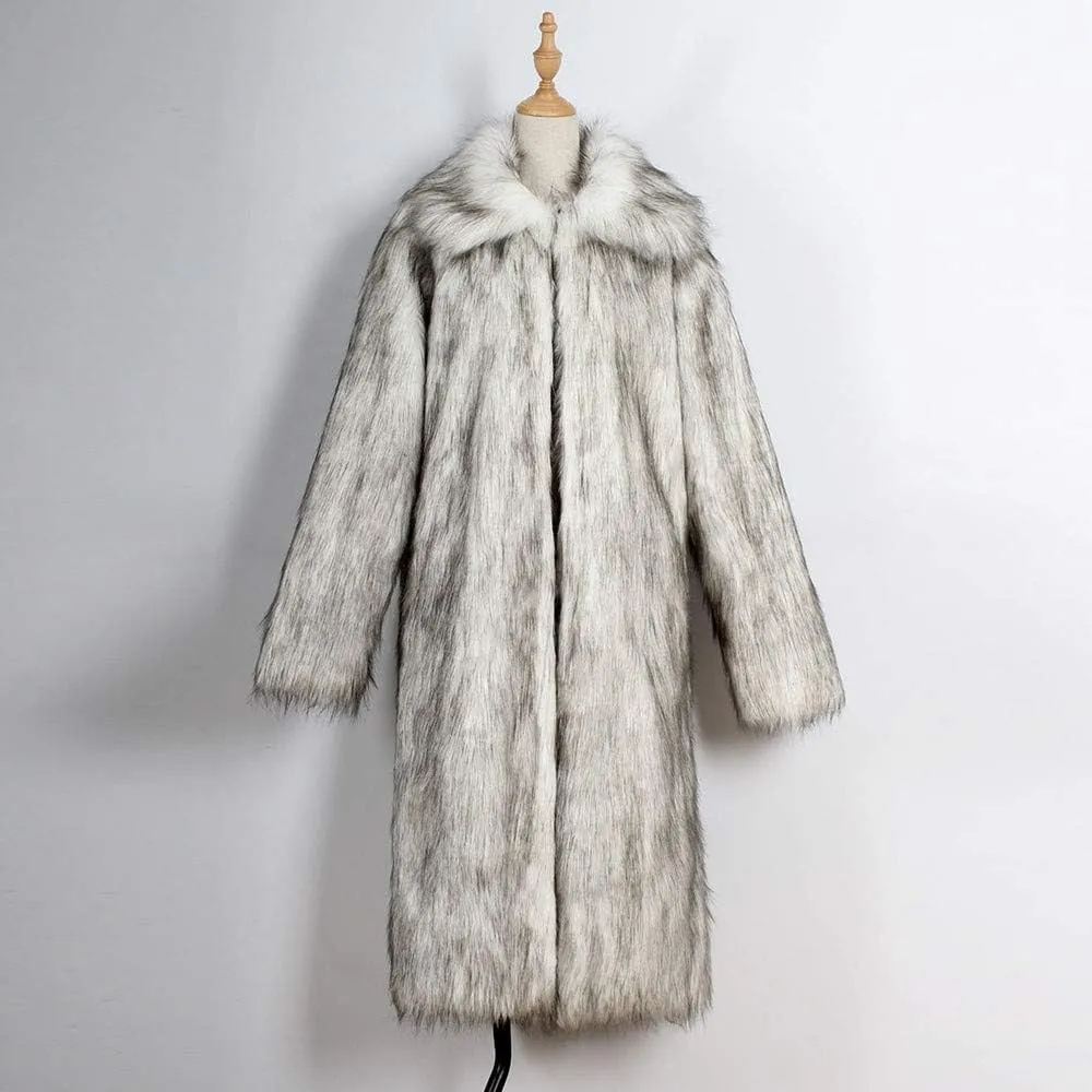 Faux Fur Coat Men Lapel Cardigan Outerwear Heavyweight Parka Overcoat Thicker Fluffy Warm Winter Long Trench Coat