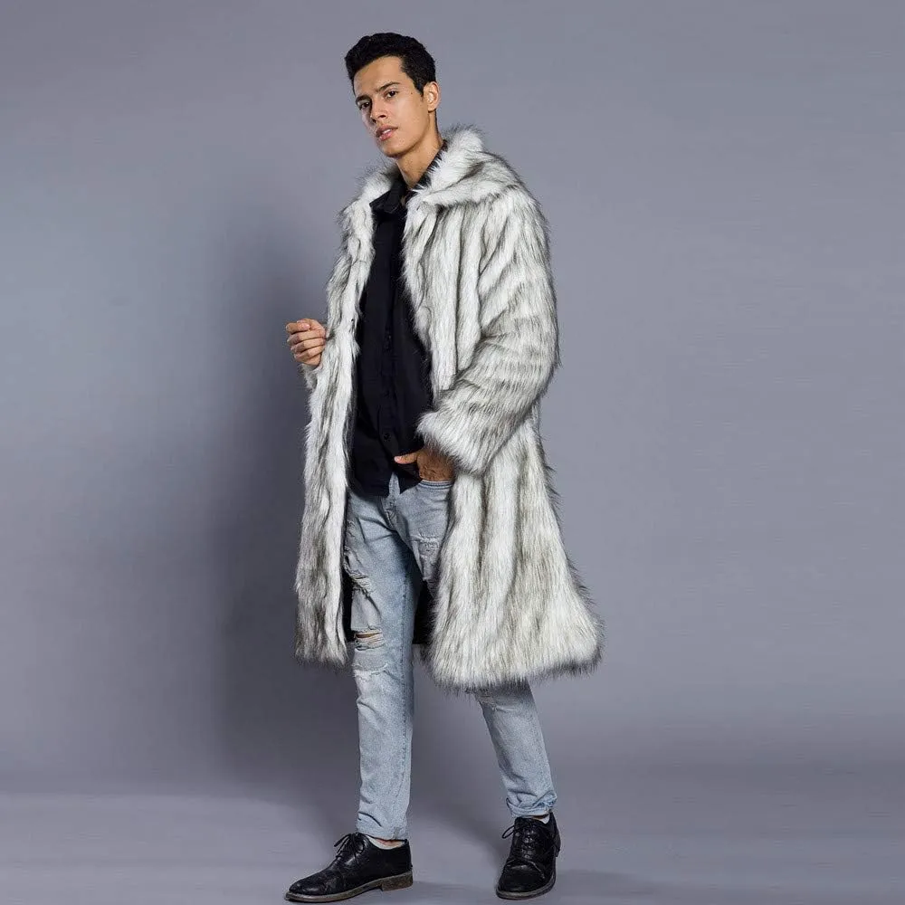 Faux Fur Coat Men Lapel Cardigan Outerwear Heavyweight Parka Overcoat Thicker Fluffy Warm Winter Long Trench Coat