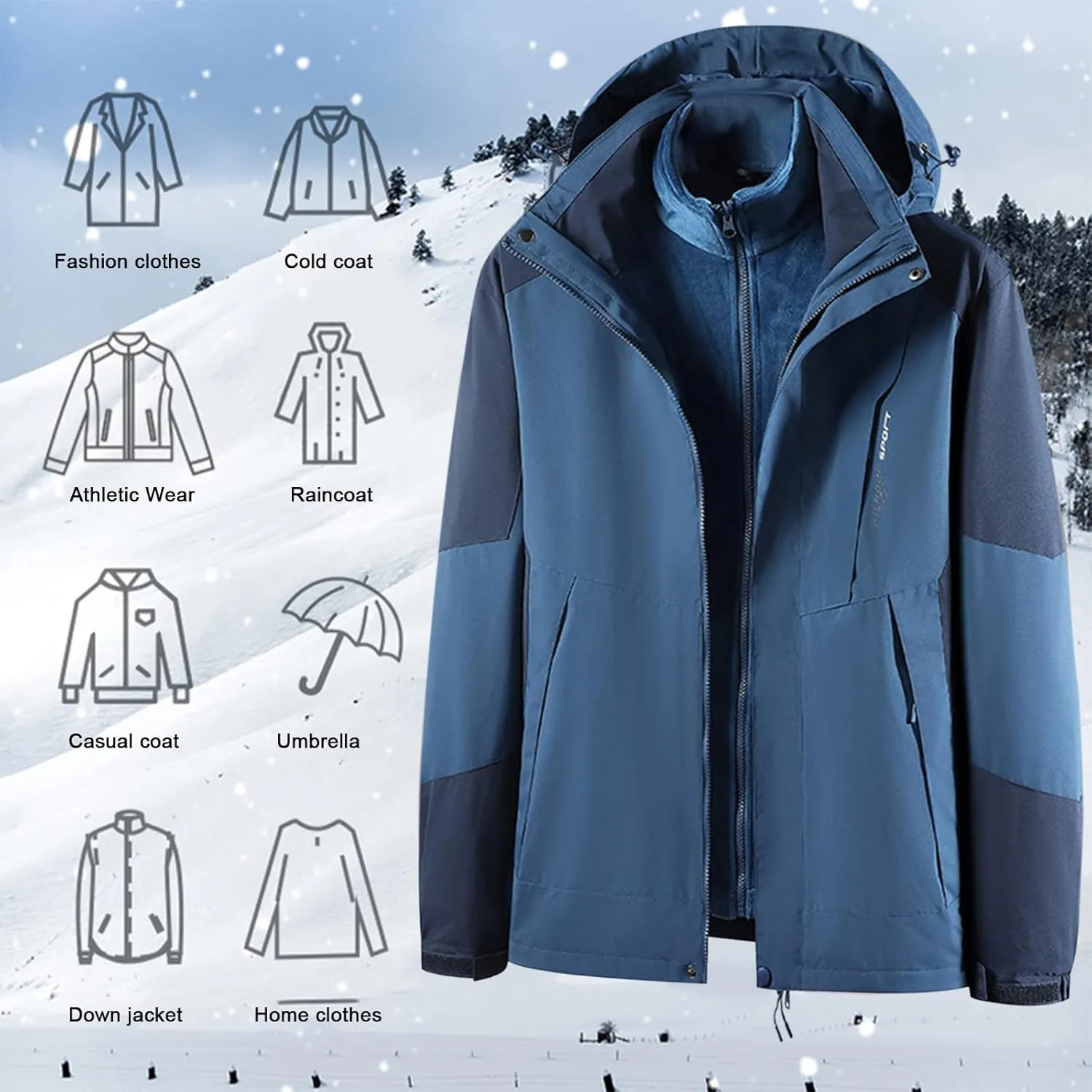 Finelylove Men's Waterproof 3 in 1 Ski Jacket Warm Fleece Lined Winter Snow Coat Windproof Hooded Raincoat Heavyweight