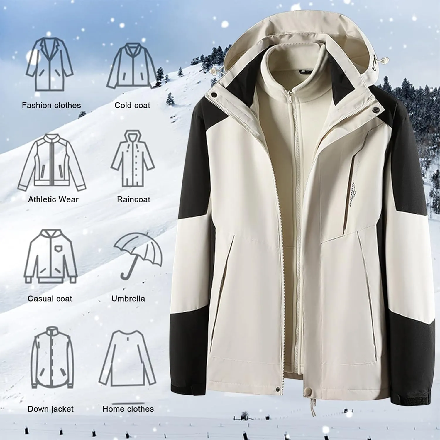 Finelylove Men's Waterproof 3 in 1 Ski Jacket Warm Fleece Lined Winter Snow Coat Windproof Hooded Raincoat Heavyweight