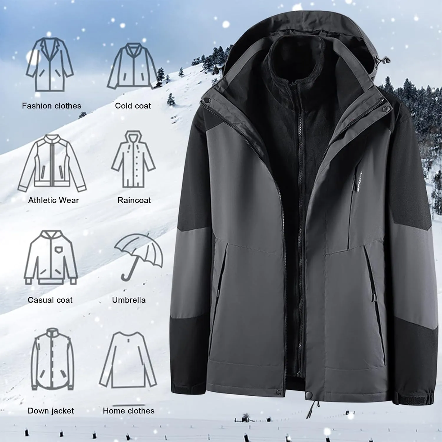 Finelylove Men's Waterproof 3 in 1 Ski Jacket Warm Fleece Lined Winter Snow Coat Windproof Hooded Raincoat Heavyweight