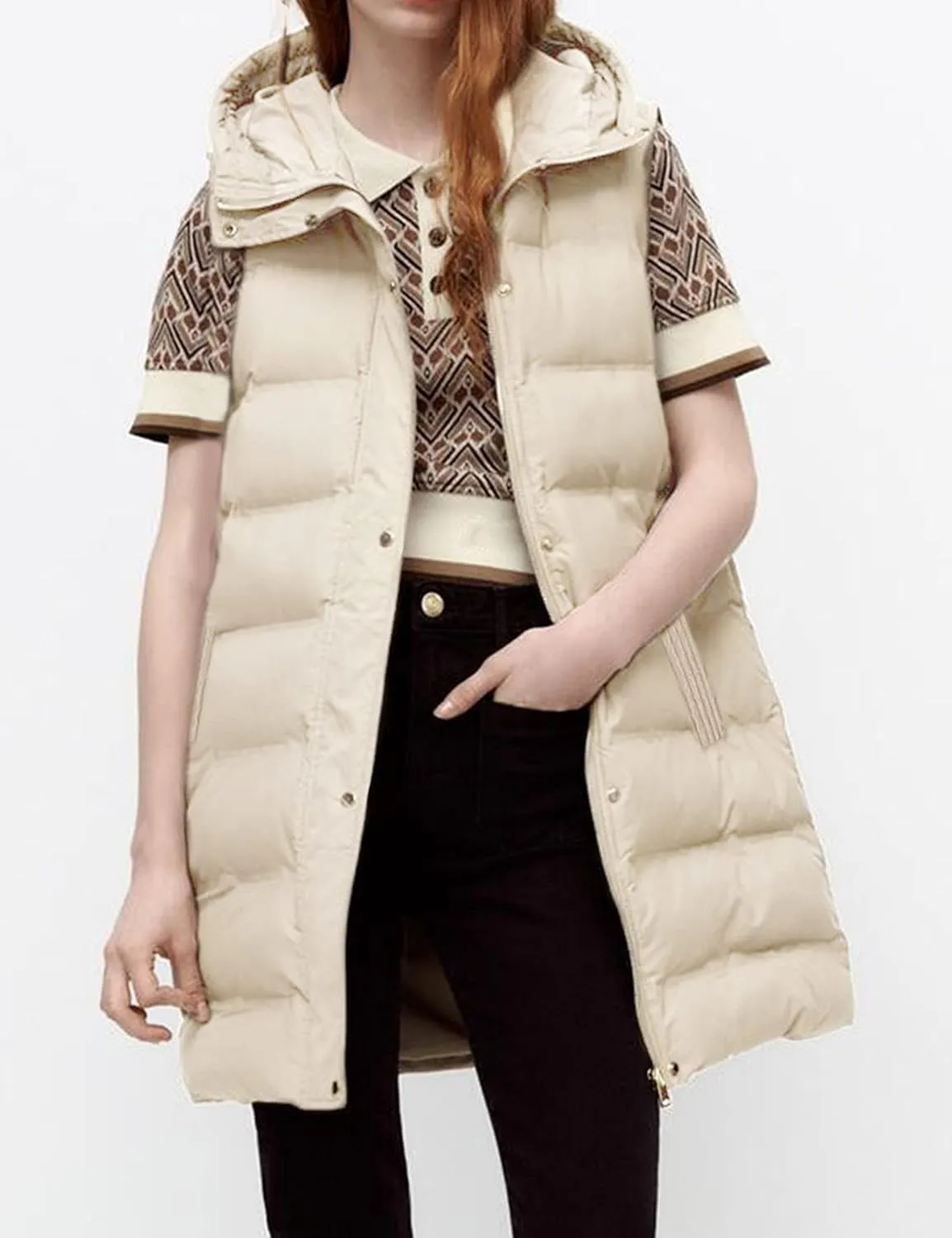 Fiona Jolin Long Puffer Vest Women Sleeveless Hooded Puffy Jacket Coat Outerwear Vest Gilet
