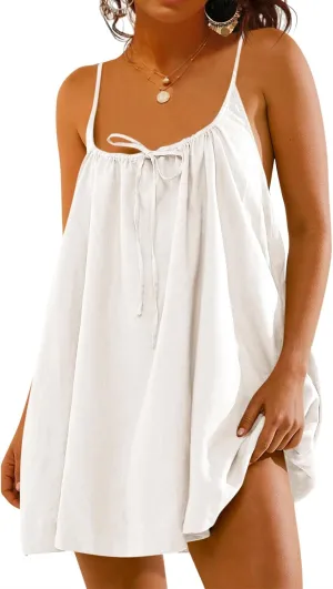 Fisoew Womens Spaghetti Strap Swimsuit Coverup Summer Linen Tie Backless Sleeveless Beach Cami Mini Dress with Pockets