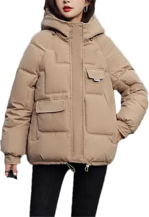 Fjnbbiot Autumn Winter Hooded Down Cotton-Padded Jacket Jacket Women Overcoat Warm Parker Coat Korean Loose Short Bread Clothes khaki XXL