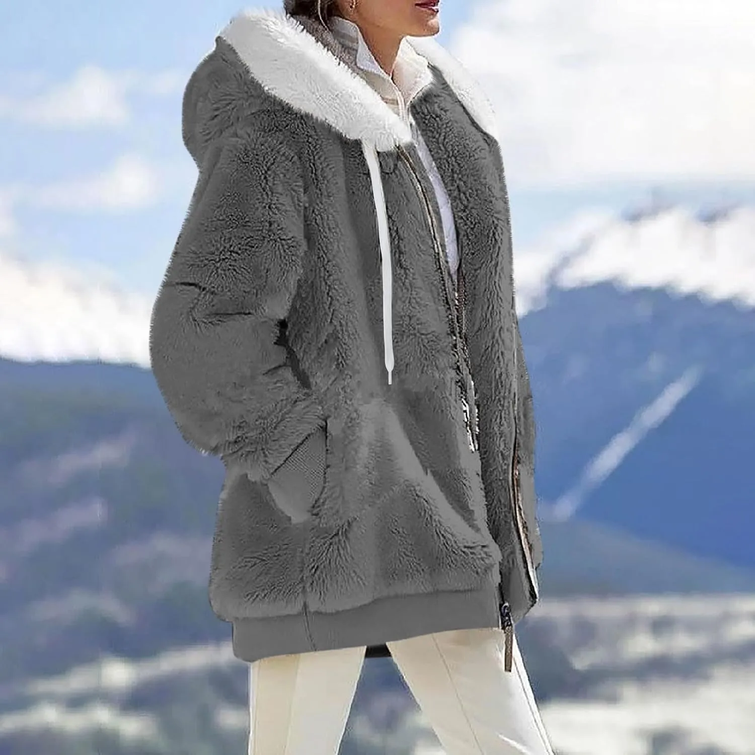 Fleece Jacket Women Sherpa Jacket Zip Up Hooded Oversized Coats Warm Winter Coats for Women 2024 with Pockets