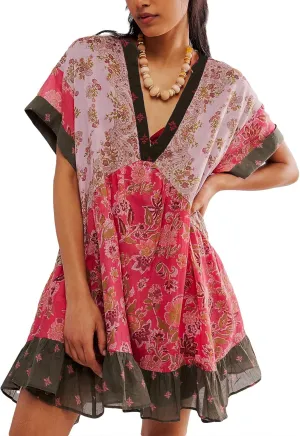 Floral Boho Dresses for Women Casual V Neck Babydoll Dress Summer Swing Ruffle Mini Sundress