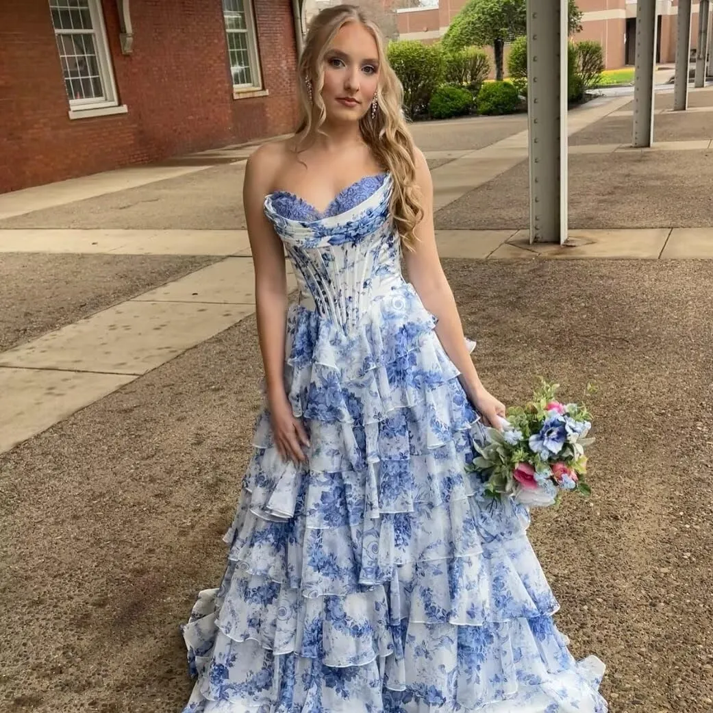 Floral Print Prom Dresses with Slit Strapless Chiffon Formal Evening Gowns Long Tiered Corset Party Dress