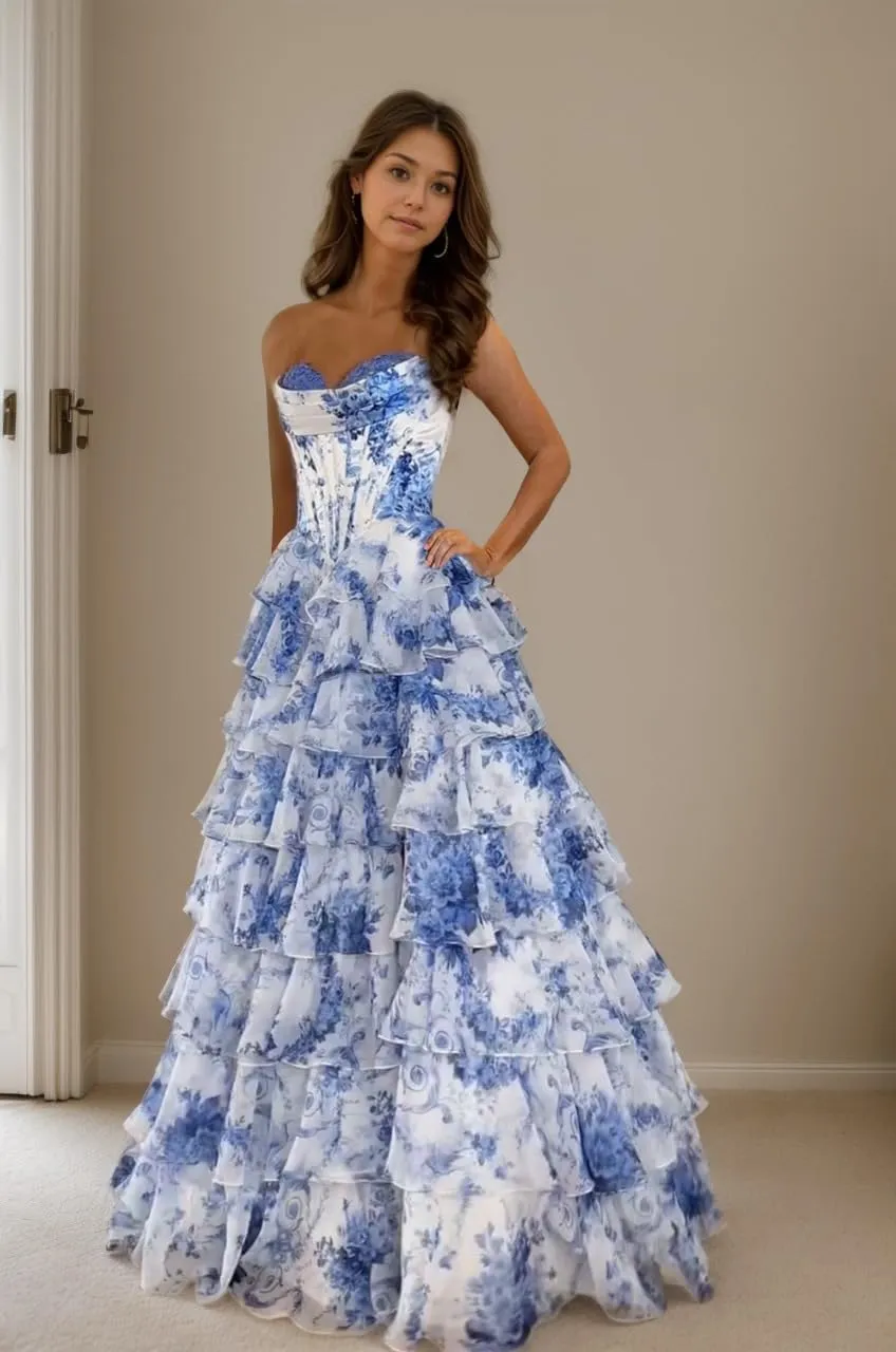 Floral Print Prom Dresses with Slit Strapless Chiffon Formal Evening Gowns Long Tiered Corset Party Dress