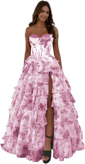 Floral Print Prom Dresses with Slit Strapless Chiffon Formal Evening Gowns Long Tiered Corset Party Dress
