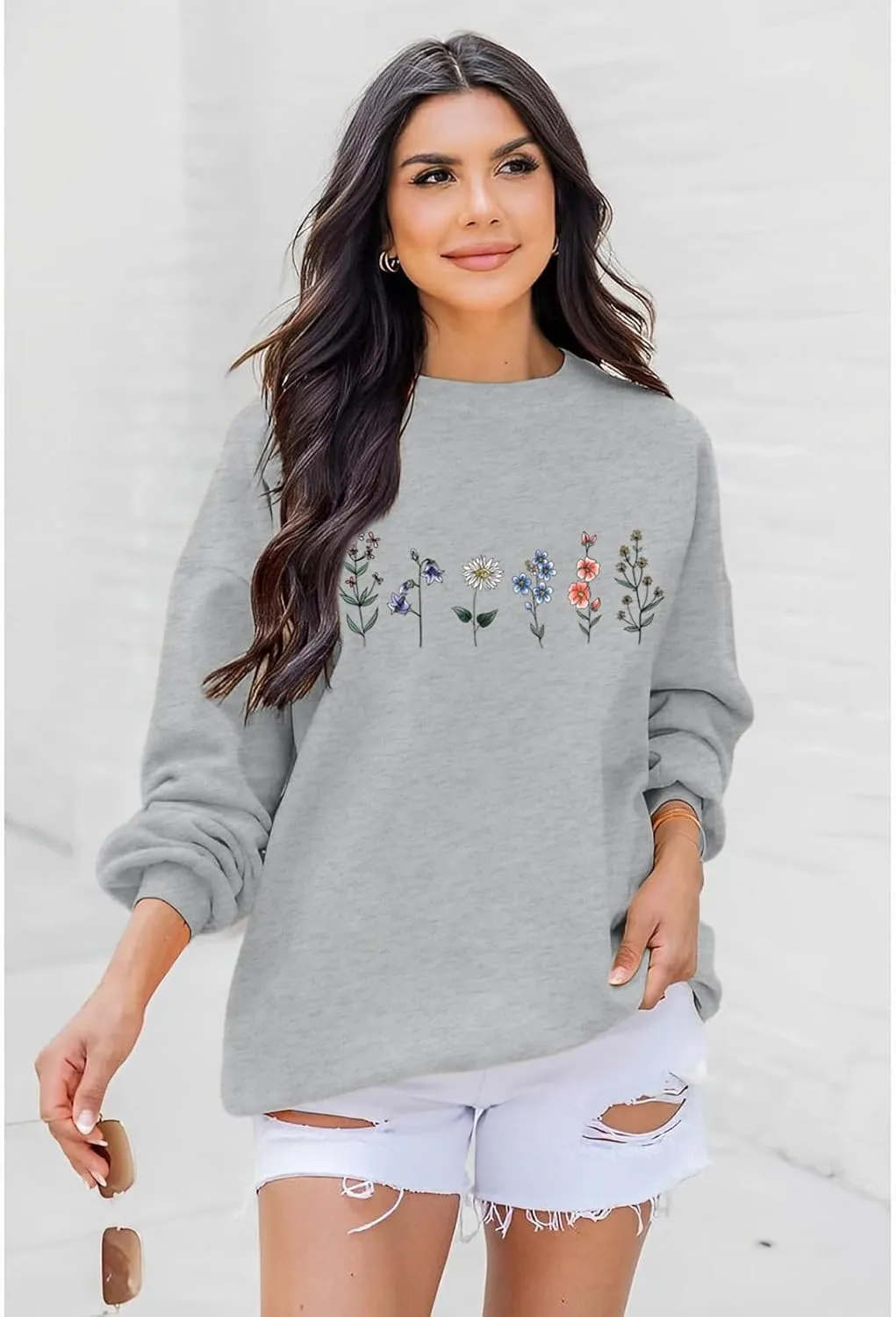 Flower Graphic Sweatshirt for Women Floral Printed Vintage Long Sleeves Shirt Crewneck Hoodie Loose Pullovers Tops