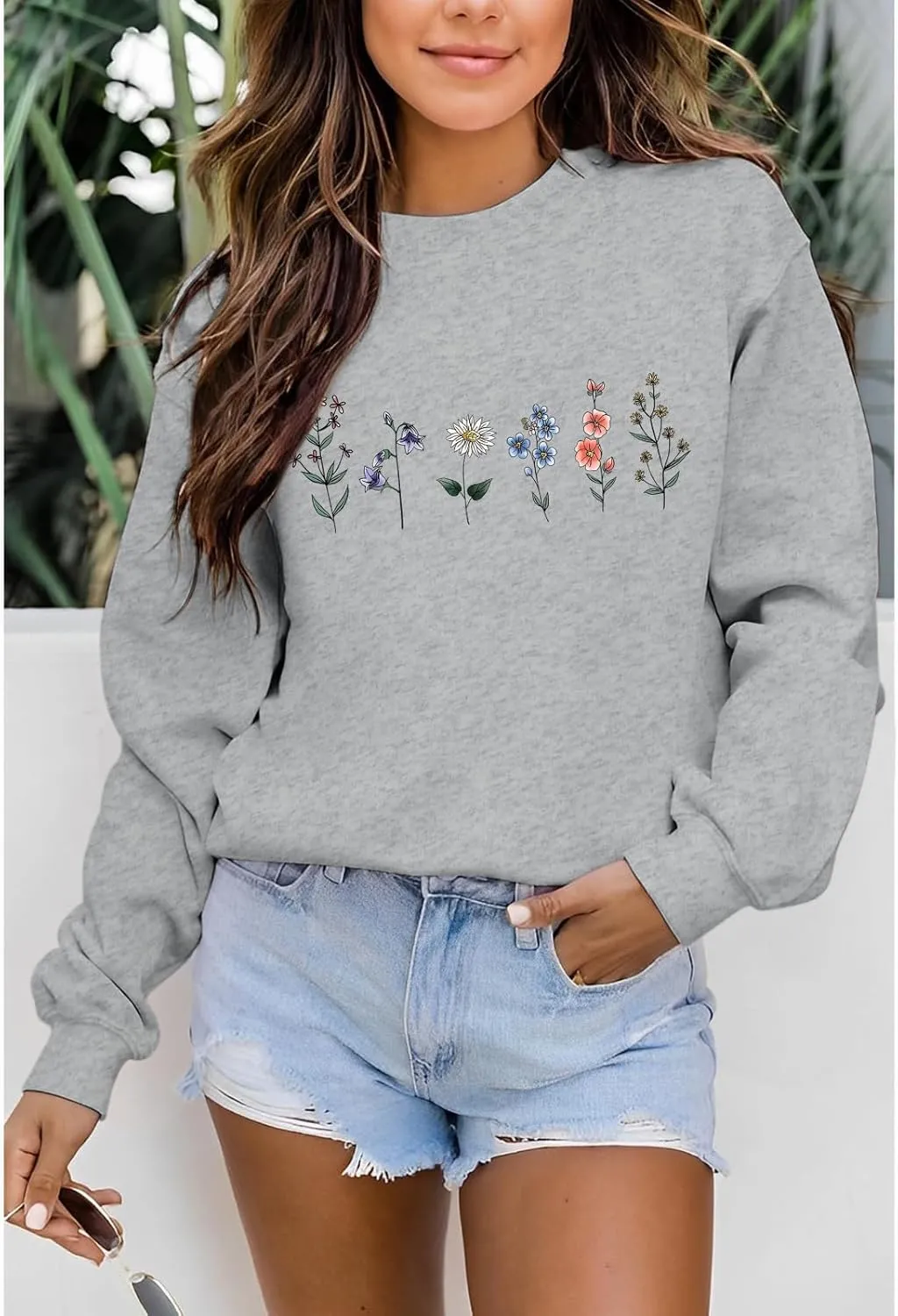 Flower Graphic Sweatshirt for Women Floral Printed Vintage Long Sleeves Shirt Crewneck Hoodie Loose Pullovers Tops