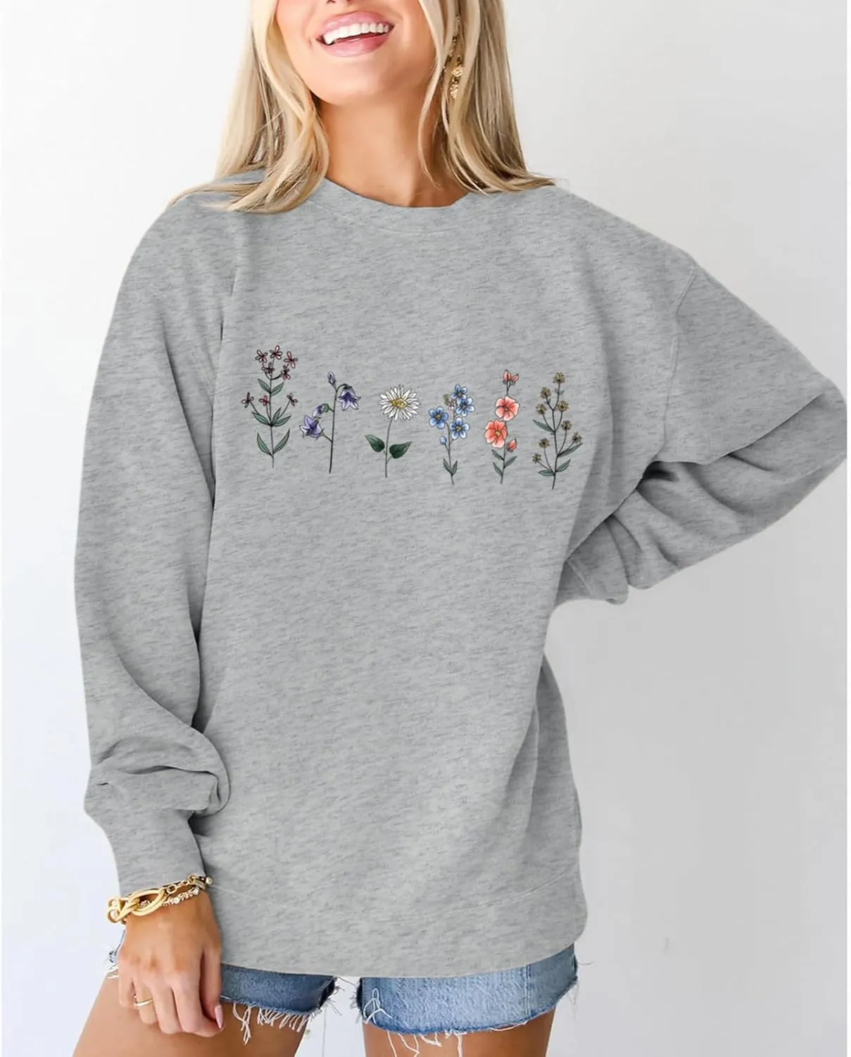Flower Graphic Sweatshirt for Women Floral Printed Vintage Long Sleeves Shirt Crewneck Hoodie Loose Pullovers Tops