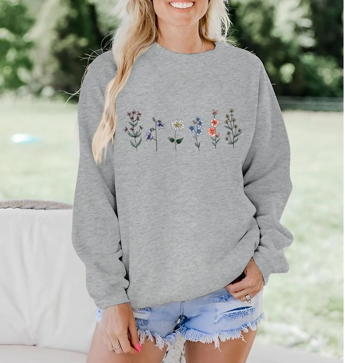 Flower Graphic Sweatshirt for Women Floral Printed Vintage Long Sleeves Shirt Crewneck Hoodie Loose Pullovers Tops