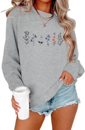 Flower Graphic Sweatshirt for Women Floral Printed Vintage Long Sleeves Shirt Crewneck Hoodie Loose Pullovers Tops