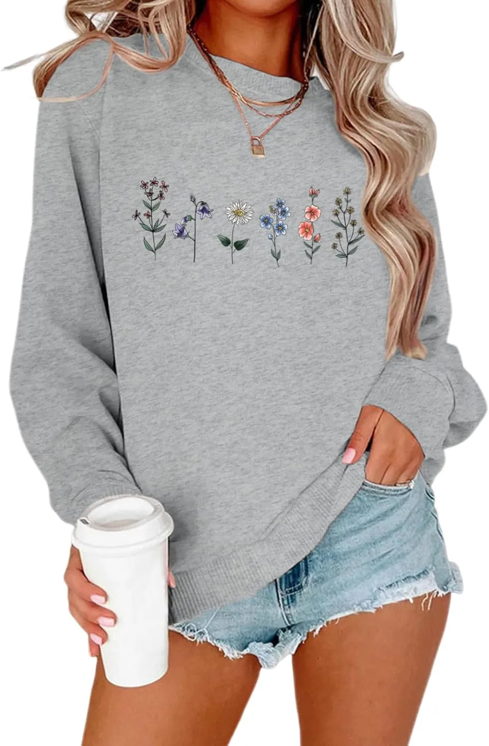 Flower Graphic Sweatshirt for Women Floral Printed Vintage Long Sleeves Shirt Crewneck Hoodie Loose Pullovers Tops