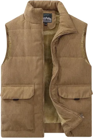 Flygo Mens Sherpa Lined Puffer Vest Corduroy Winter Vests Warm Sleeveless Quilted Fleece Vest Jacket Outerwear