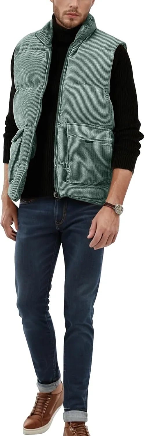 Flygo Mens Sherpa Lined Puffer Vest Corduroy Winter Vests Warm Sleeveless Quilted Fleece Vest Jacket Outerwear
