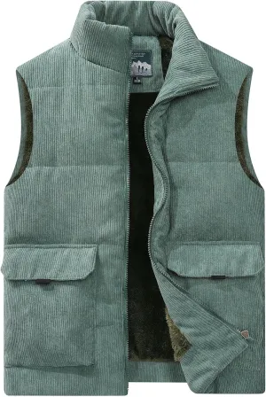 Flygo Mens Sherpa Lined Puffer Vest Corduroy Winter Vests Warm Sleeveless Quilted Fleece Vest Jacket Outerwear