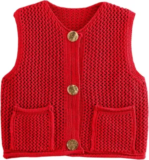 Flygo Womens Crochet Sweater Vest Sleeveless 2025 Trendy Spring Summer Tops Button Crop Chunky Knit Sweaters Cardigan