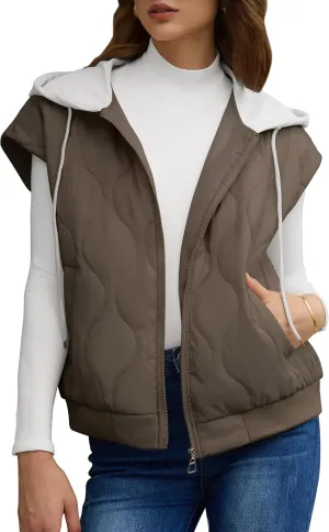 FOMELY Quilted Vest Women Hooded Puffer Vest Lightweight Womens Vests Outerwear Zip Up Sleeveless with Pockets