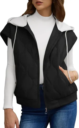 FOMELY Quilted Vest Women Hooded Puffer Vest Lightweight Womens Vests Outerwear Zip Up Sleeveless with Pockets