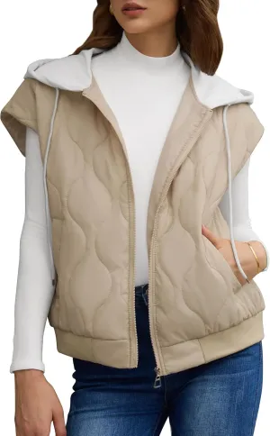 FOMELY Quilted Vest Women Hooded Puffer Vest Lightweight Womens Vests Outerwear Zip Up Sleeveless with Pockets