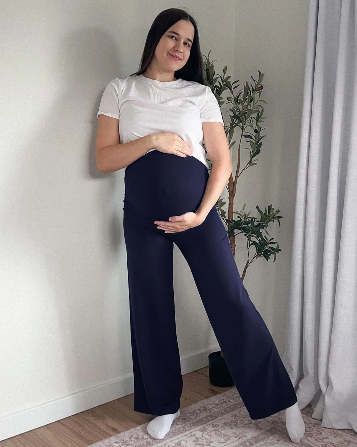 G4Free BareFeel Maternity Dress Yoga Pants Over The Belly Stretchy Work Slack Pregnancy Wide Leg Lounge Trousers