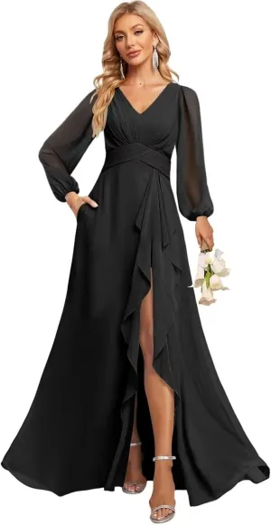 GATMAHE Flutter Lantern Sleeves Bridesmaid Dresses for Women V Neck Ruched Long Slit Formal Dress with Pockets