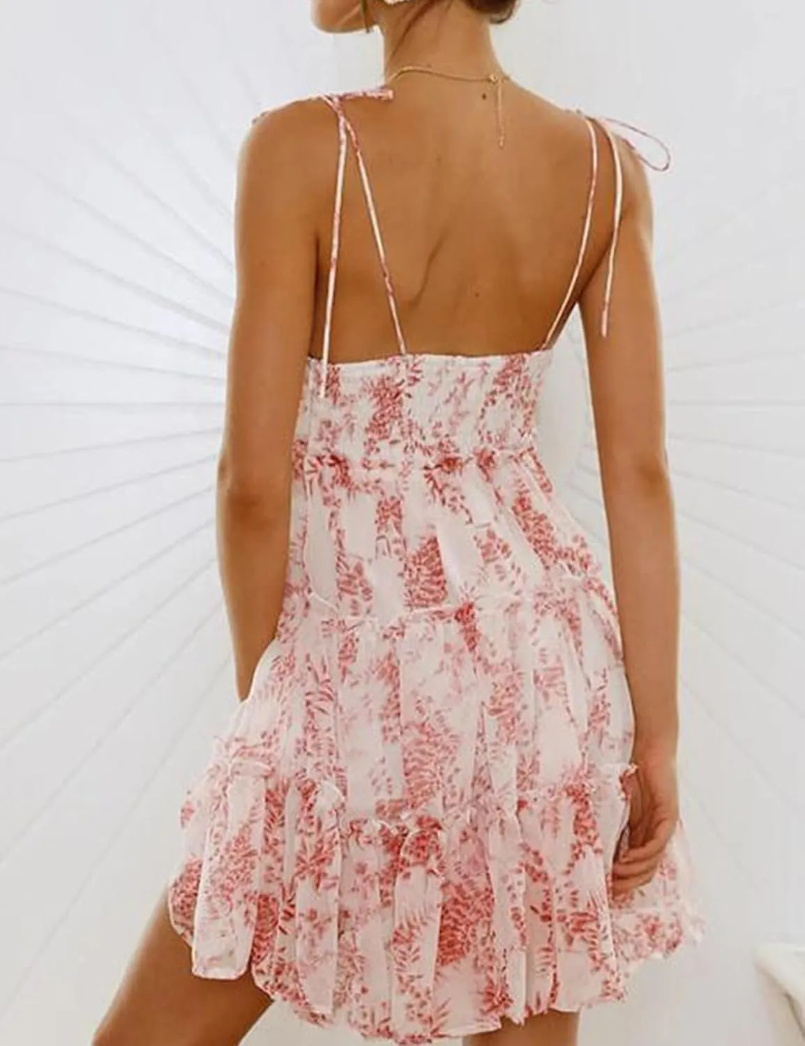 Gihuo Womens Floral Mini Dress Boho Flowy Skater Spaghetti Strap Ruffle Sleeveless Beach Dress 2024 Summer Sundresses