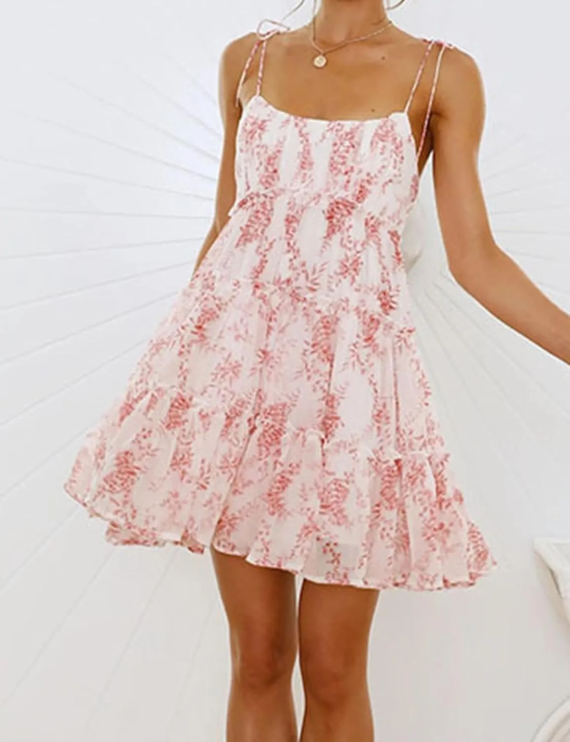 Gihuo Womens Floral Mini Dress Boho Flowy Skater Spaghetti Strap Ruffle Sleeveless Beach Dress 2024 Summer Sundresses