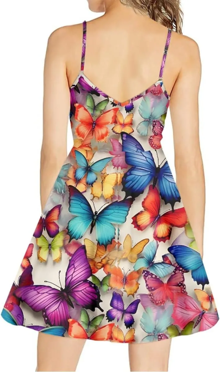 GLUDEAR Women's Van Gogh 3D Printed V-Neck Spaghetti Straps A-Line Swing Dress