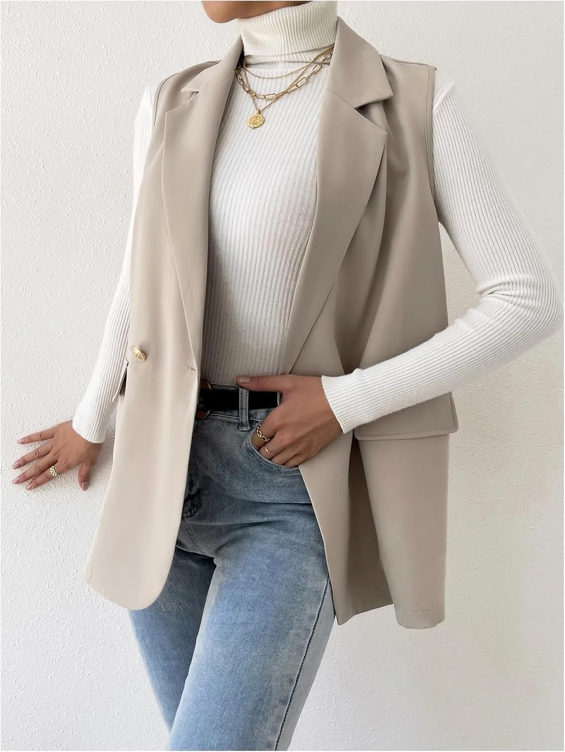 GORGLITTER Women's Long Vest Sleeveless Button Up Work Office Cardigan Blazer Vest