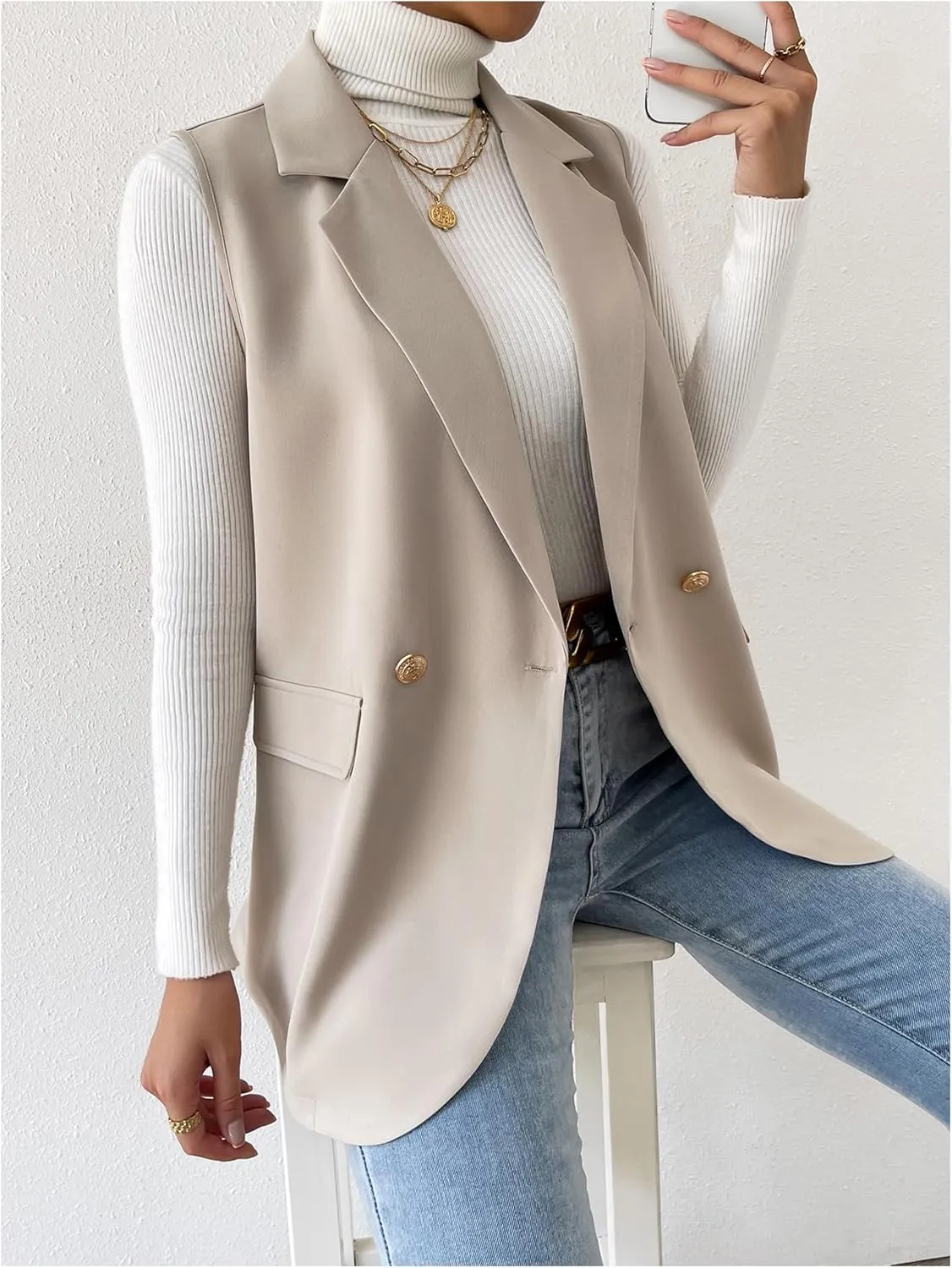 GORGLITTER Women's Long Vest Sleeveless Button Up Work Office Cardigan Blazer Vest