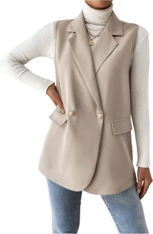 GORGLITTER Women's Long Vest Sleeveless Button Up Work Office Cardigan Blazer Vest
