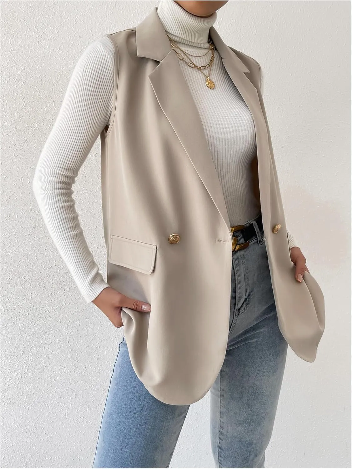 GORGLITTER Women's Long Vest Sleeveless Button Up Work Office Cardigan Blazer Vest