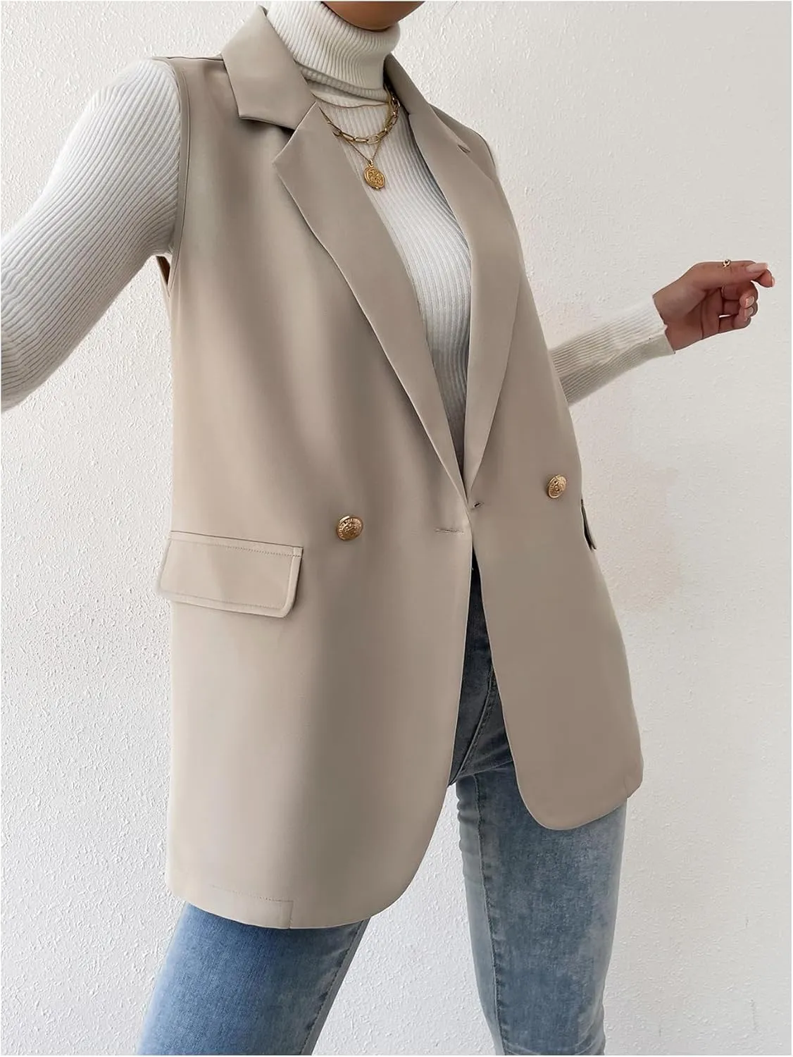 GORGLITTER Women's Long Vest Sleeveless Button Up Work Office Cardigan Blazer Vest