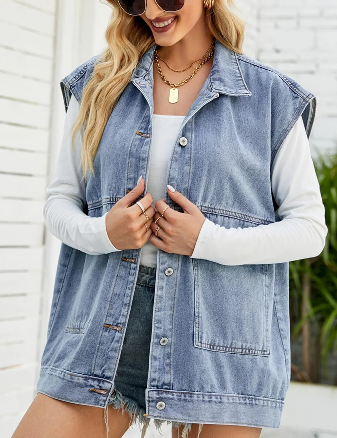 HangNiFang Aztec Denim Jacket Shacket for Women Button Down Vintage Distressed Blue Jean Jacket