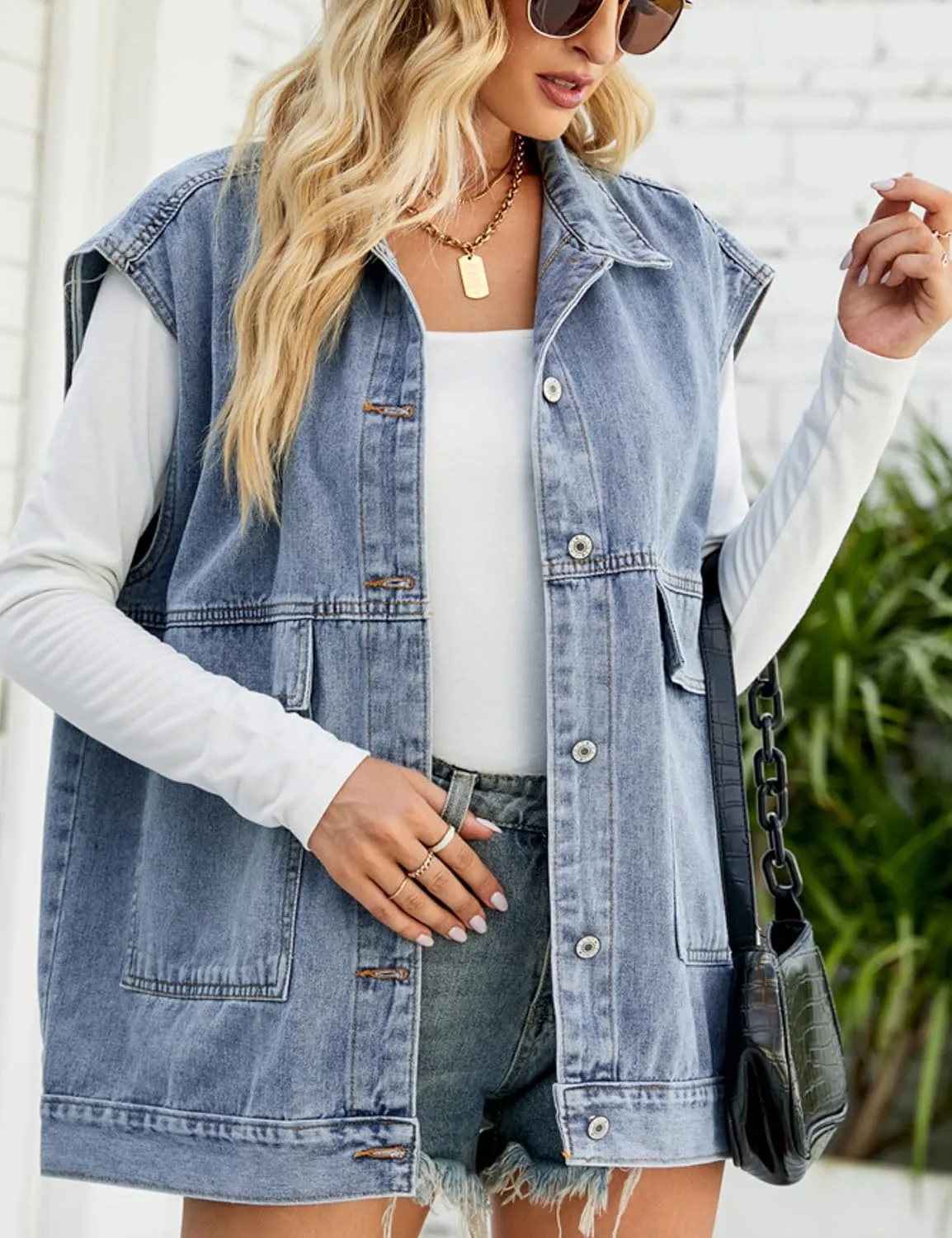 HangNiFang Aztec Denim Jacket Shacket for Women Button Down Vintage Distressed Blue Jean Jacket