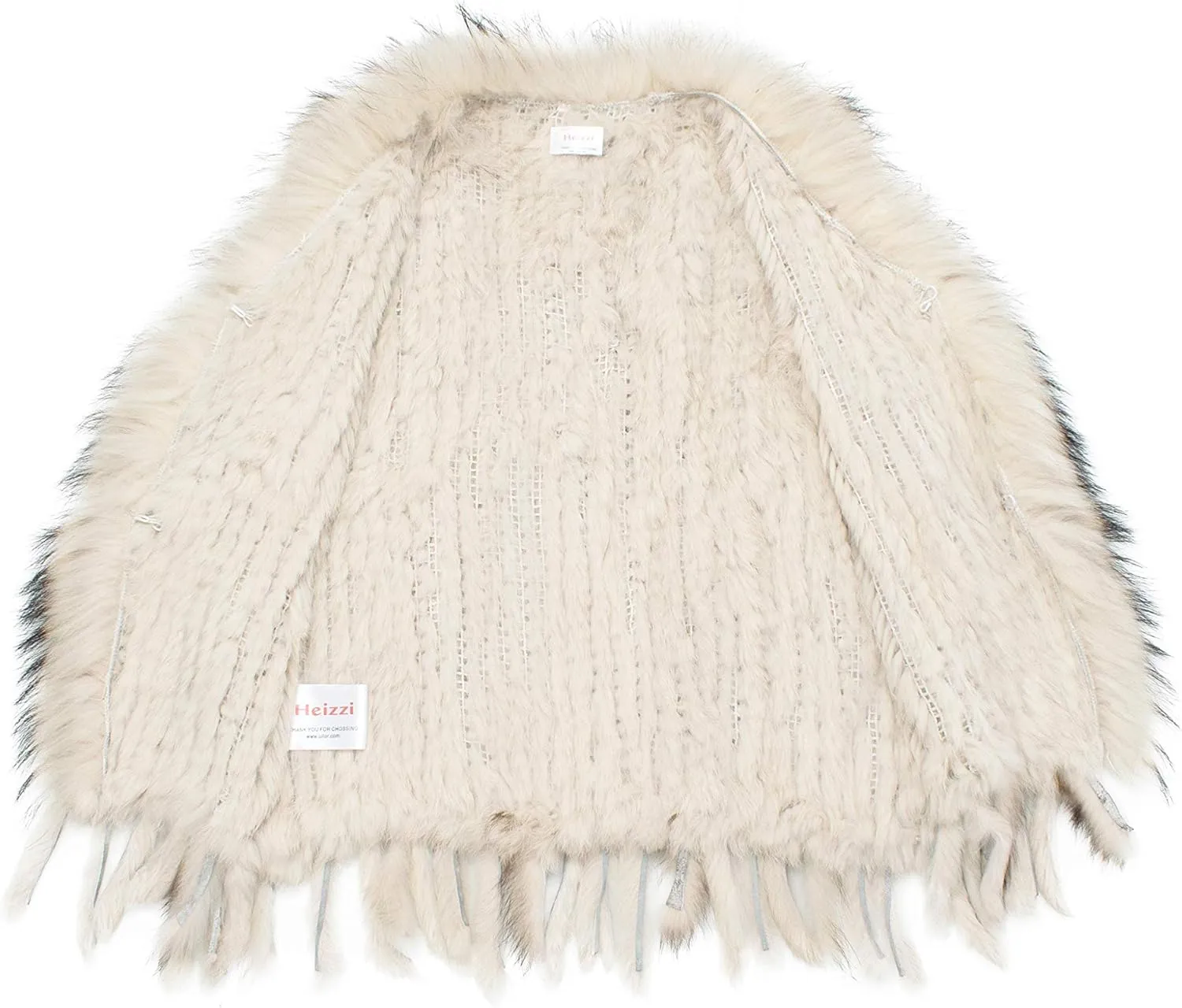 HEIZZI Rabbit Vest for Women, Ladies Coat with Raccoon Trim Collar & Rabbit Tassel, Versatile Fur Coats