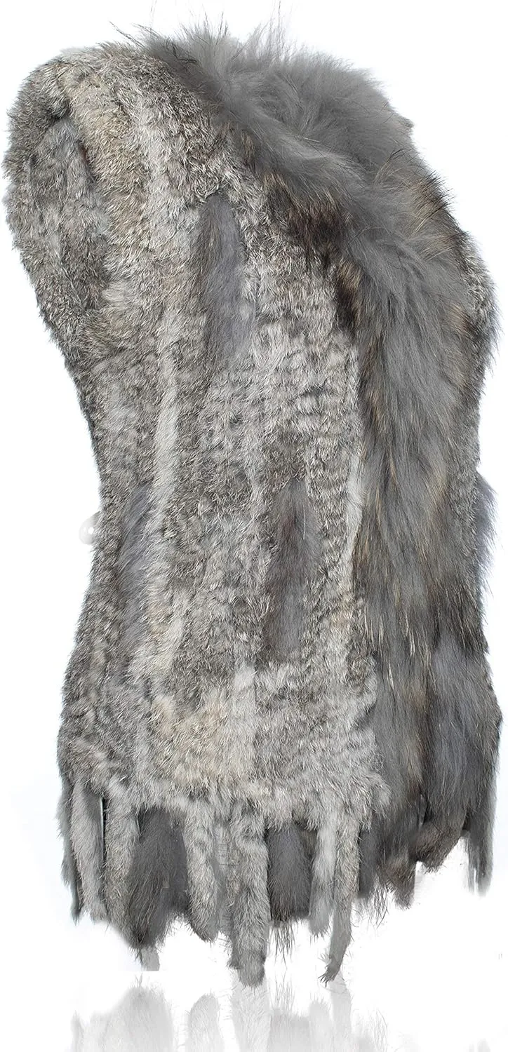 HEIZZI Rabbit Vest for Women, Ladies Coat with Raccoon Trim Collar & Rabbit Tassel, Versatile Fur Coats