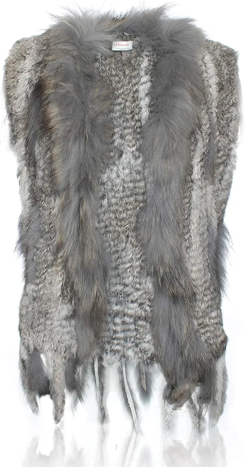 HEIZZI Rabbit Vest for Women, Ladies Coat with Raccoon Trim Collar & Rabbit Tassel, Versatile Fur Coats