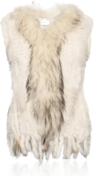 HEIZZI Rabbit Vest for Women, Ladies Coat with Raccoon Trim Collar & Rabbit Tassel, Versatile Fur Coats