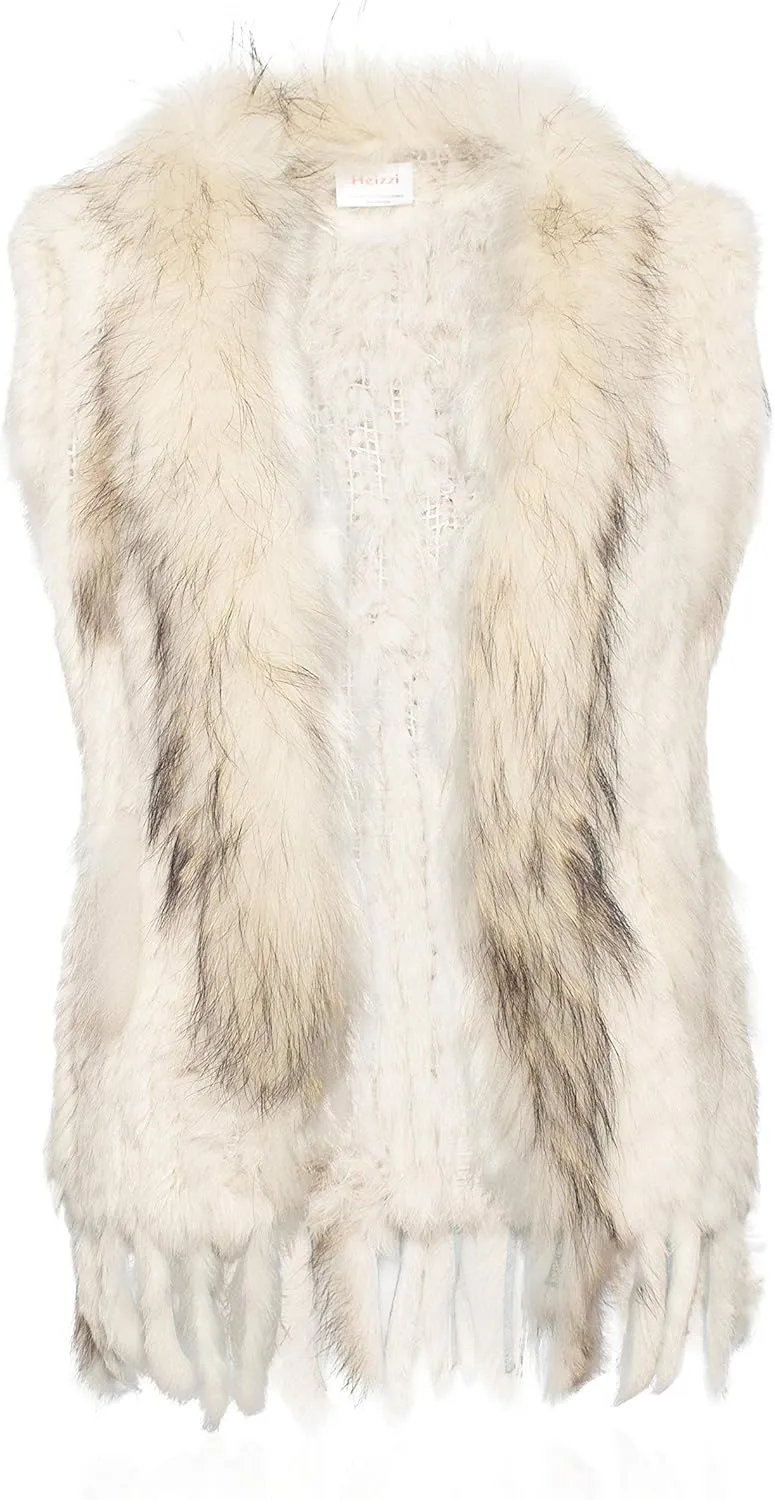 HEIZZI Rabbit Vest for Women, Ladies Coat with Raccoon Trim Collar & Rabbit Tassel, Versatile Fur Coats