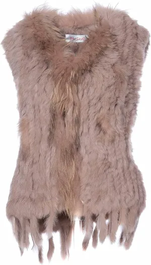 HEIZZI Rabbit Vest for Women, Ladies Coat with Raccoon Trim Collar & Rabbit Tassel, Versatile Fur Coats