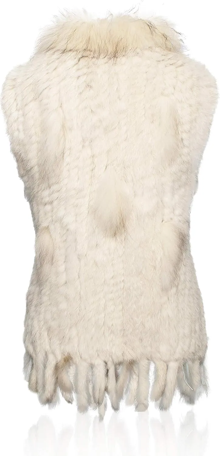 HEIZZI Rabbit Vest for Women, Ladies Coat with Raccoon Trim Collar & Rabbit Tassel, Versatile Fur Coats